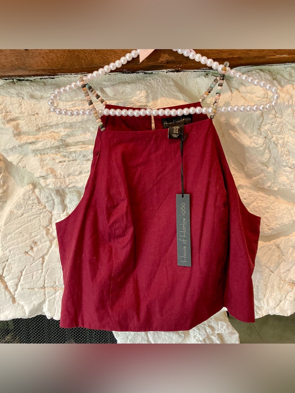 NWT House of Harlow 1960 100% burgundy cotton cropped halter top